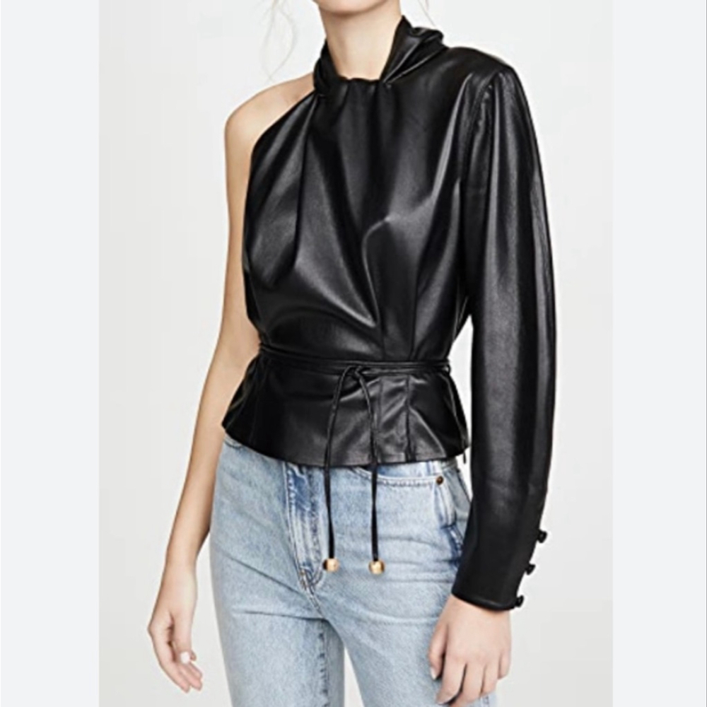 Women's NANUSHKA Black Vegan Leather One-Shoulder Blouse XS